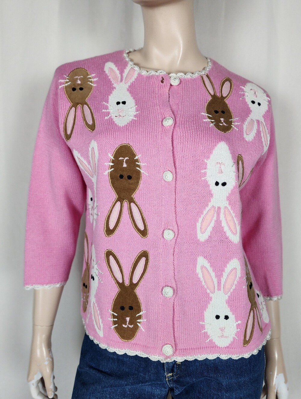 Vtg Knit Rabbit Head Cardigan Sweater M